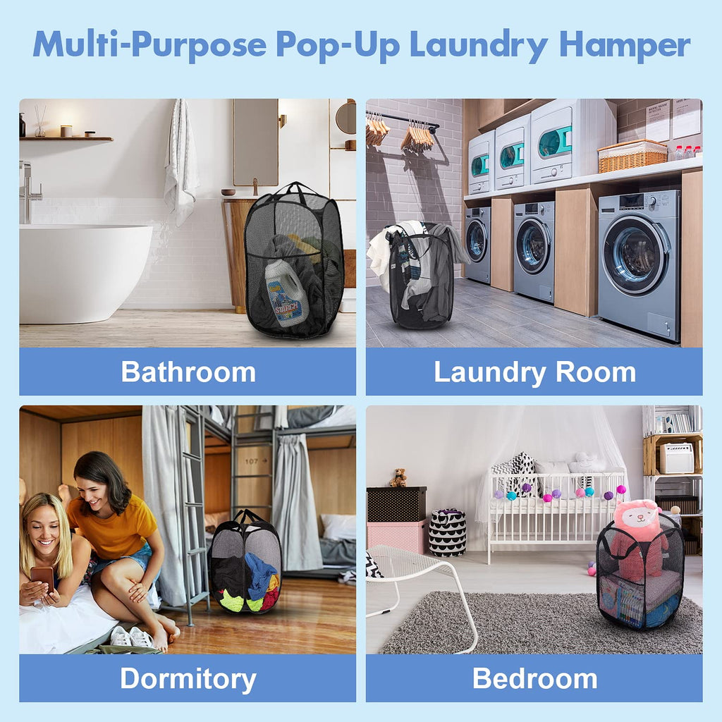 Pop Up Laundry Hamper, 70 L Collapsible Mesh Basket with Side Pocket, Large