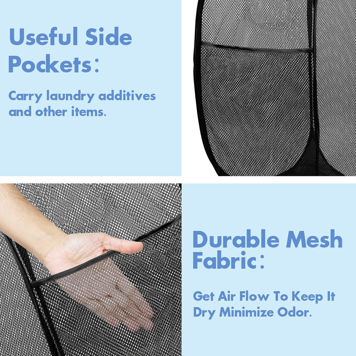 Pop Up Laundry Hamper, 70 L Collapsible Mesh Basket with Side Pocket, Large