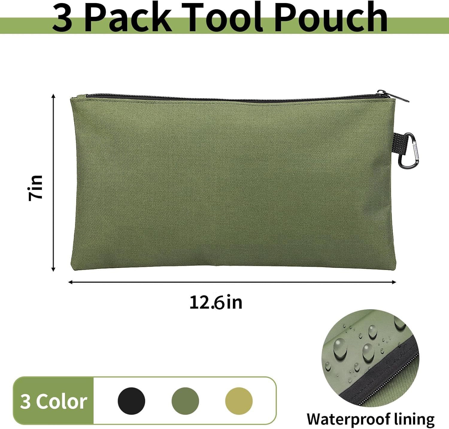 Tool Bag Zipper Pouch, Premium Tool Pouch, Utility Multipurpose Storage Organizer Tool Pouches with Carabiner Metal Zipper for Tools