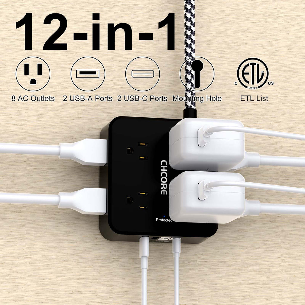 Surge Protector Power Strip - CHCORE Extension Cord with 8 Outlets with 4 USB (2 USB C) Charging Ports