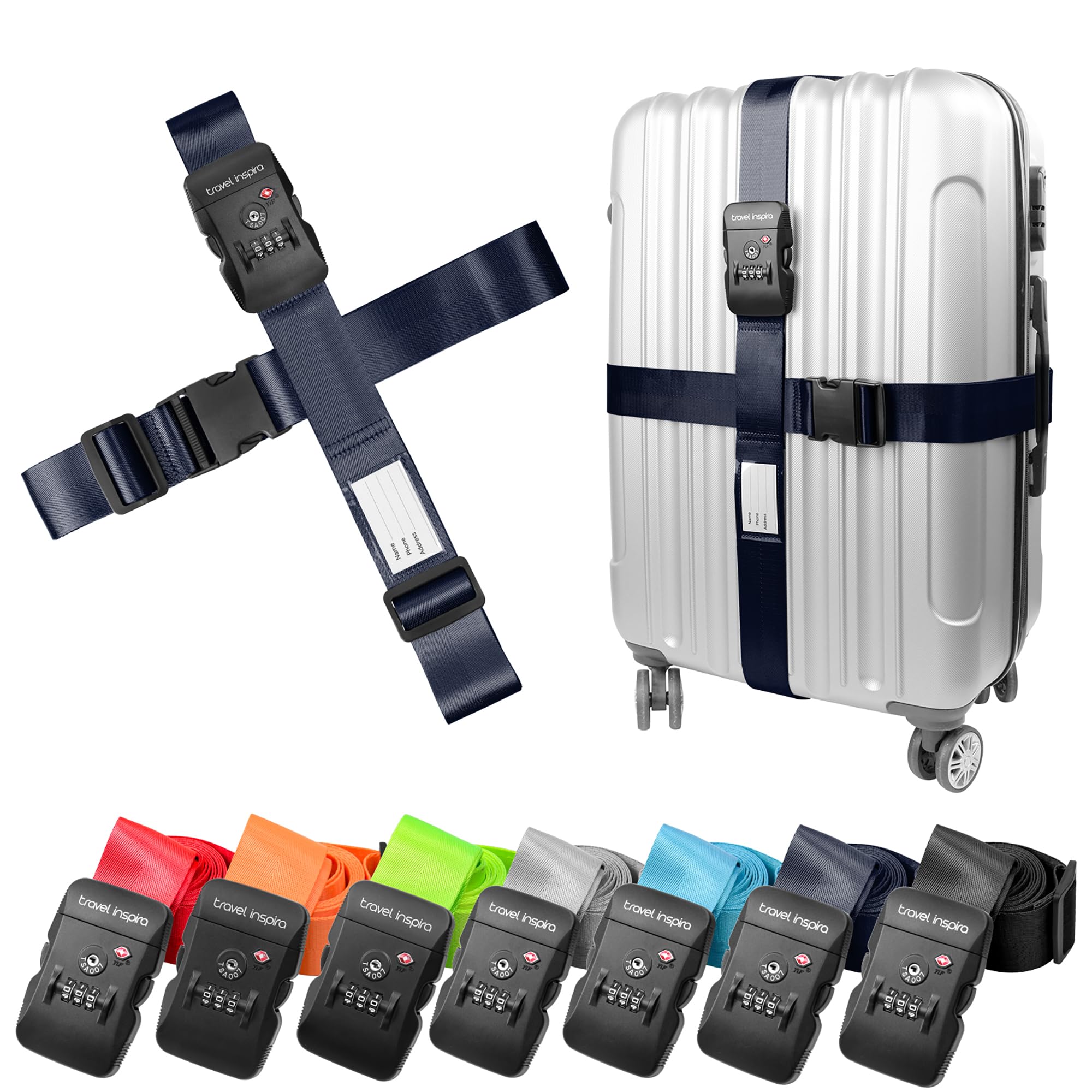 Luggage Straps - TSA Approved Travel Luggage for Suitcases, Adjustable Suitcase Belt Spot Luggage, Personalized Tags Name ID Card