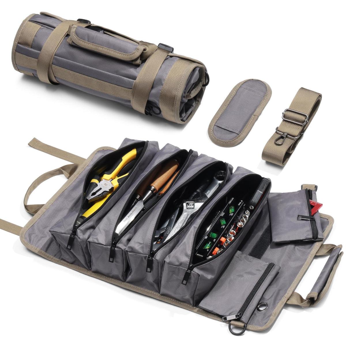 Tool Roll Up Bag, 1680D Heavy Duty Tool Bag Organizer with 2 Detachable Tool Pouches & Multiple Pockets, Waterproof Motorcycle Tool Roll for Mechanic & Electrician, Gift for Men Him Dad, 21.9"*13.8"