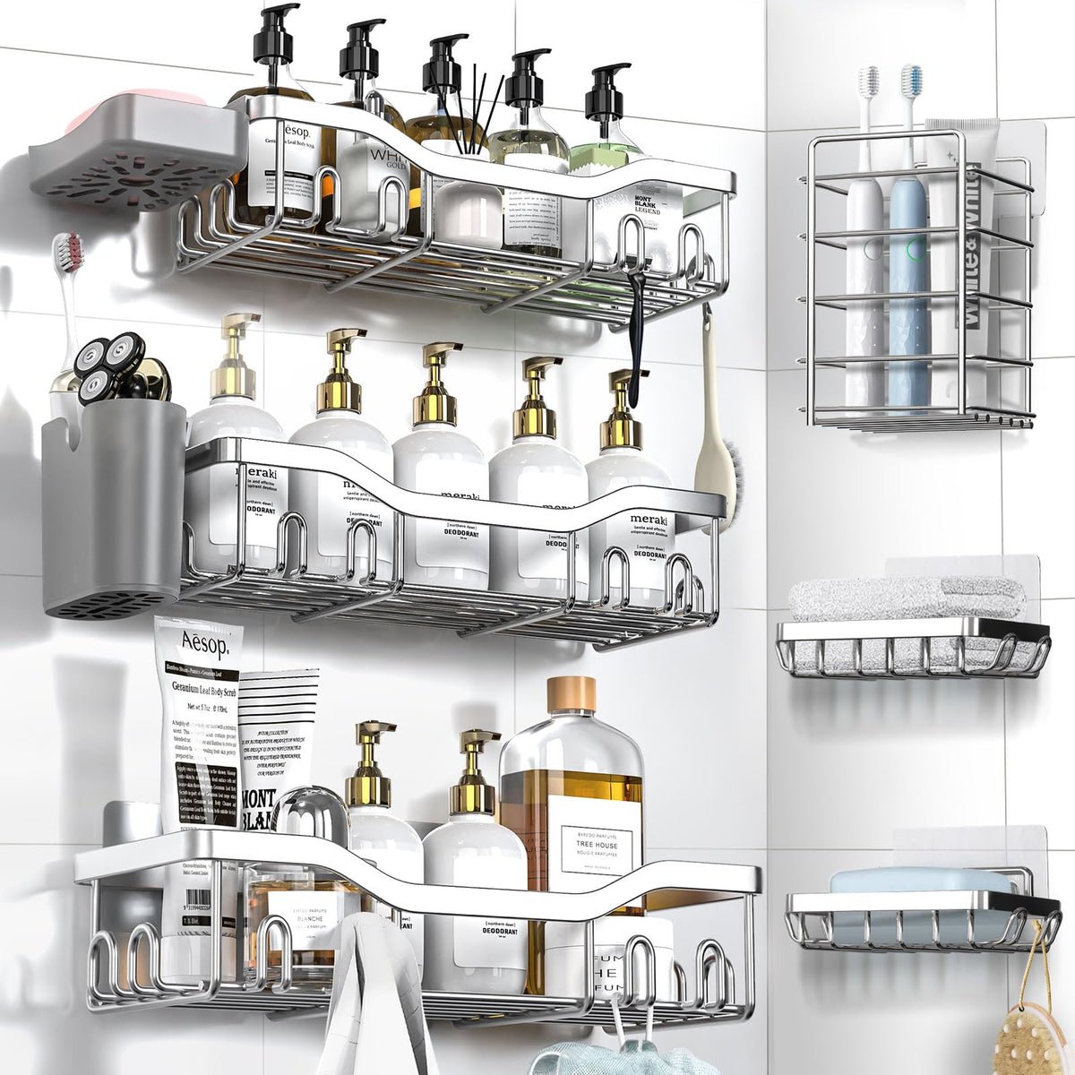 7-Pack Adhesive Stainless Steel Shower Caddy Organizer