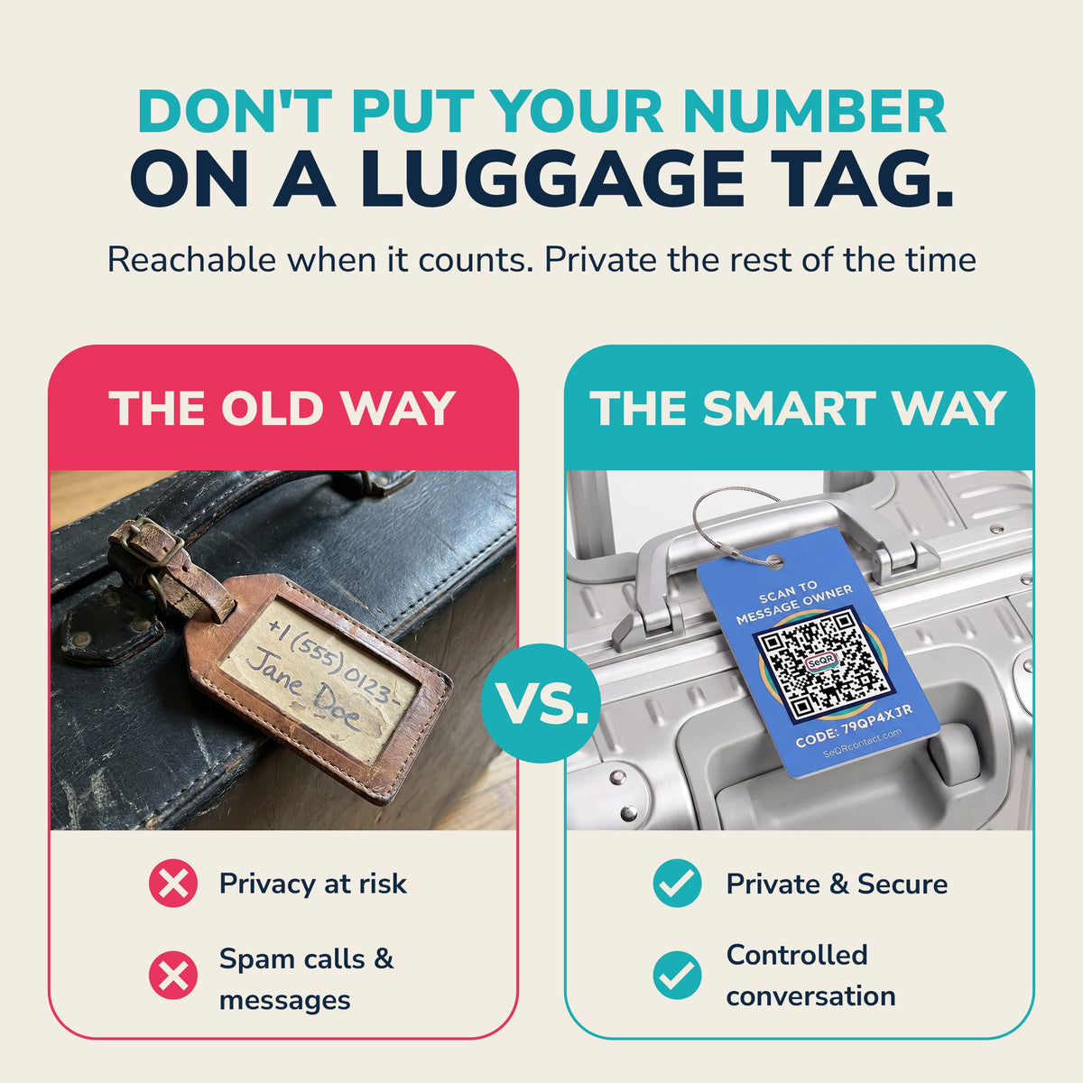 Smart Luggage Tags | Privacy QR Code Tags for Travel Suitcases, 2-Pack