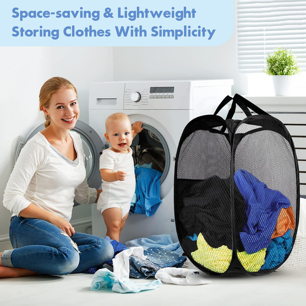 Pop Up Laundry Hamper, 70 L Collapsible Mesh Basket with Side Pocket, Large
