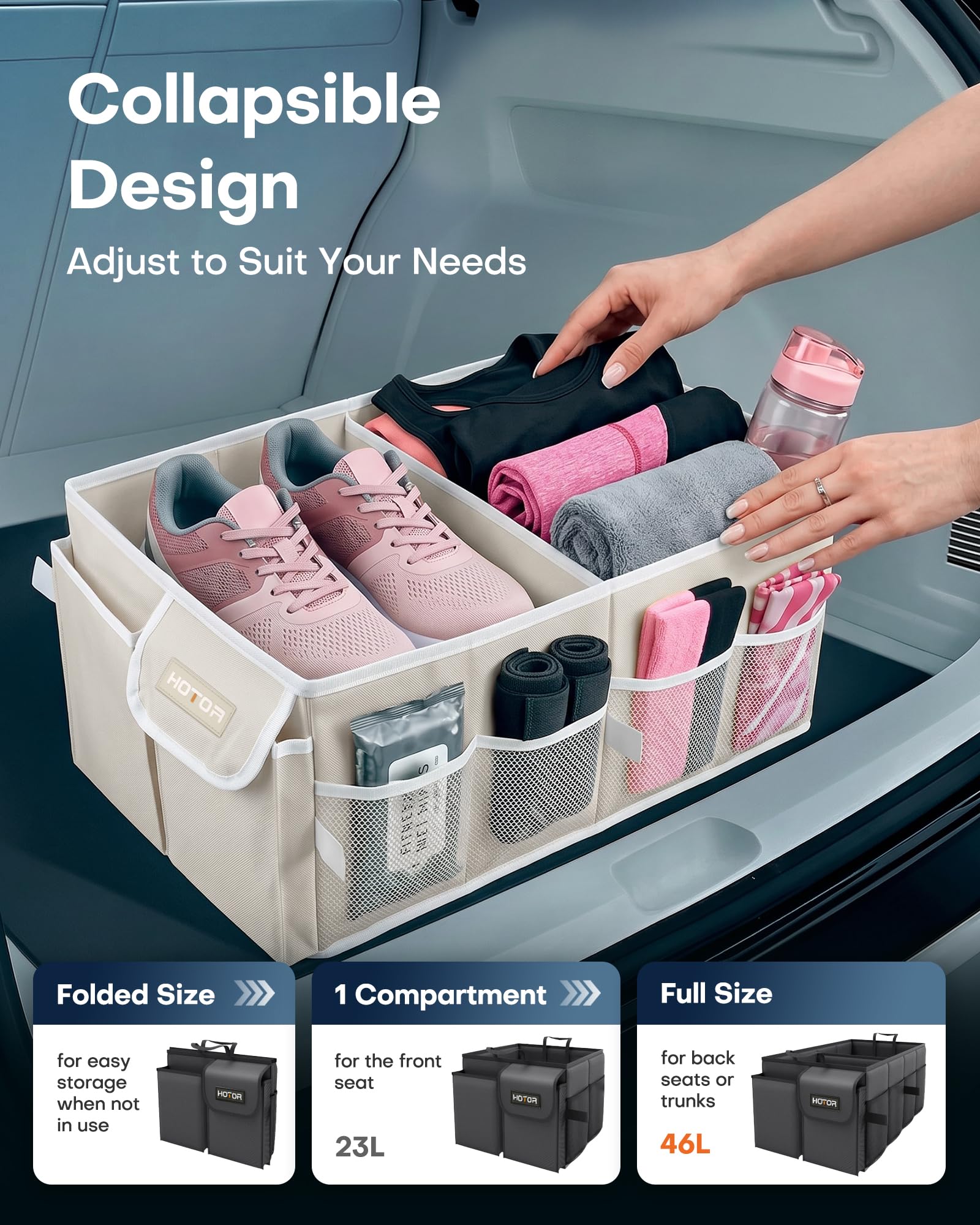HOTOR Foldable Trunk Organizer - SUV & Sedan Compatible, Sturdy Car Organization for Accessories, Tools, Sundries
