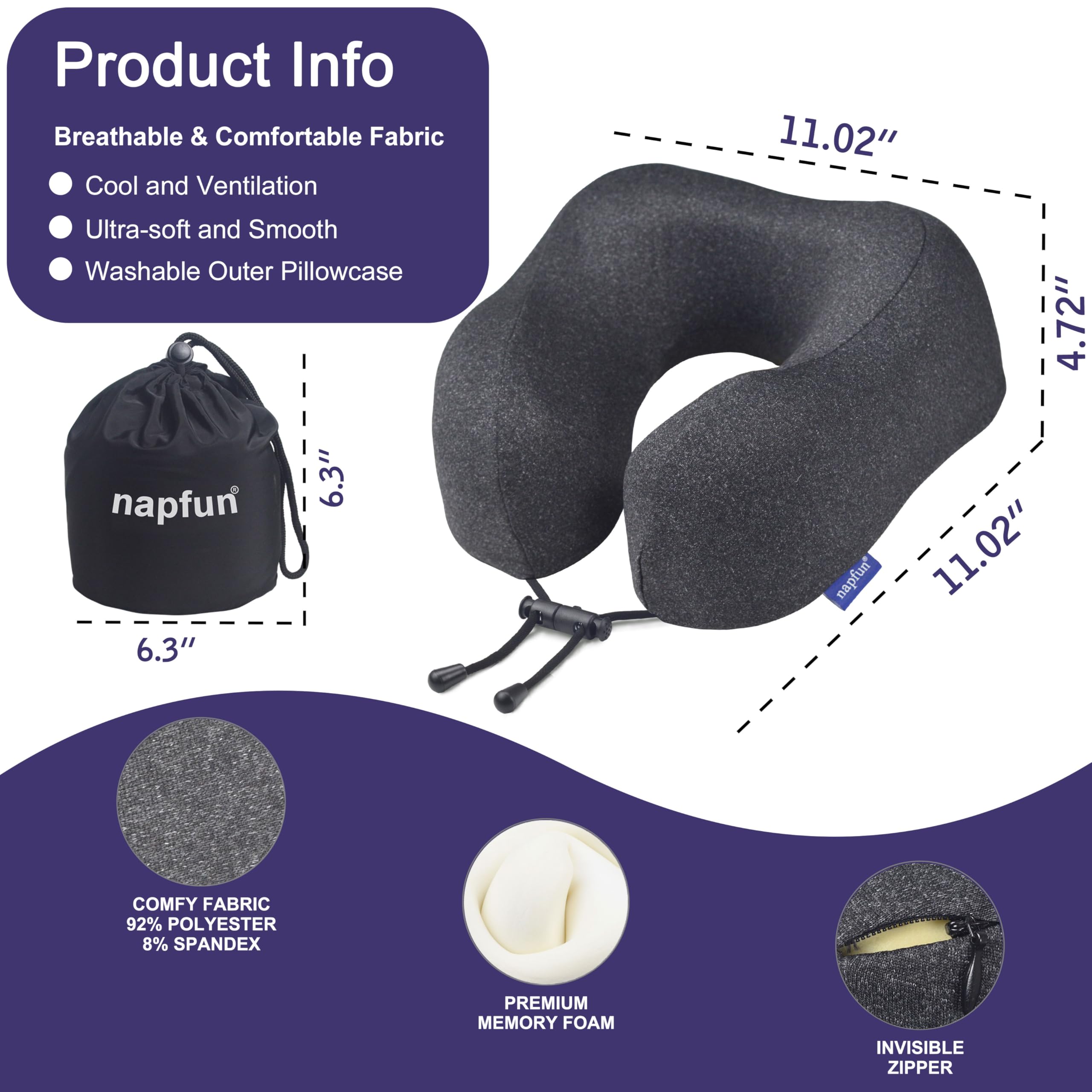 napfun Neck Pillow for Travel, Memory Foam Airplane Pillow