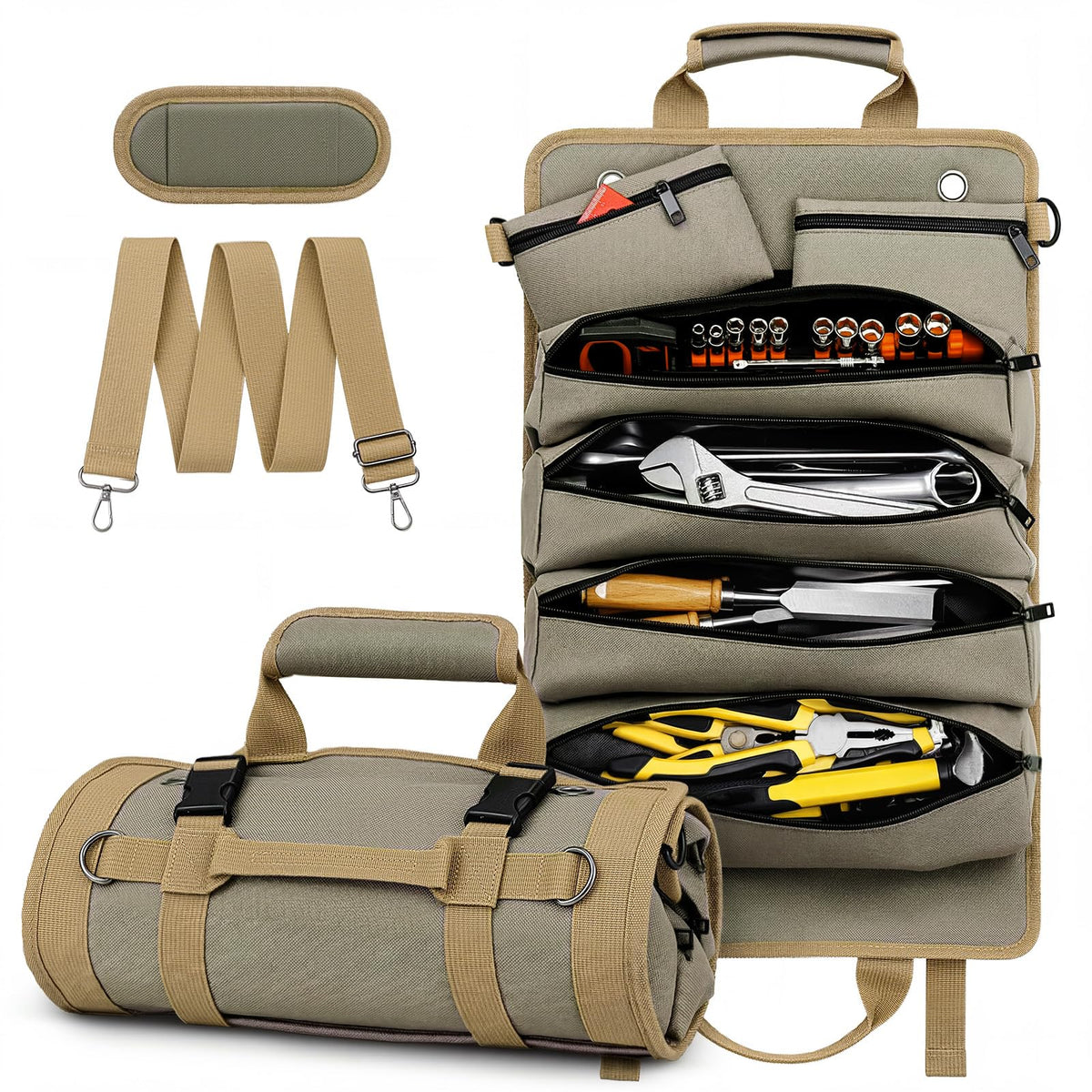 Tool Roll Up Bag, 1680D Heavy Duty Tool Bag Organizer with 2 Detachable Tool Pouches & Multiple Pockets, Waterproof Motorcycle Tool Roll for Mechanic & Electrician, Gift for Men Him Dad, 21.9"*13.8"