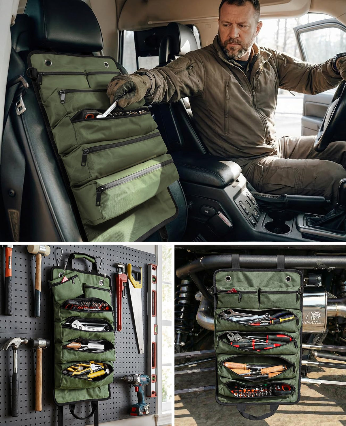 Tool Roll Up Bag, 1680D Heavy Duty Tool Bag Organizer with 2 Detachable Tool Pouches & Multiple Pockets, Waterproof Motorcycle Tool Roll for Mechanic & Electrician, Gift for Men Him Dad, 21.9"*13.8"