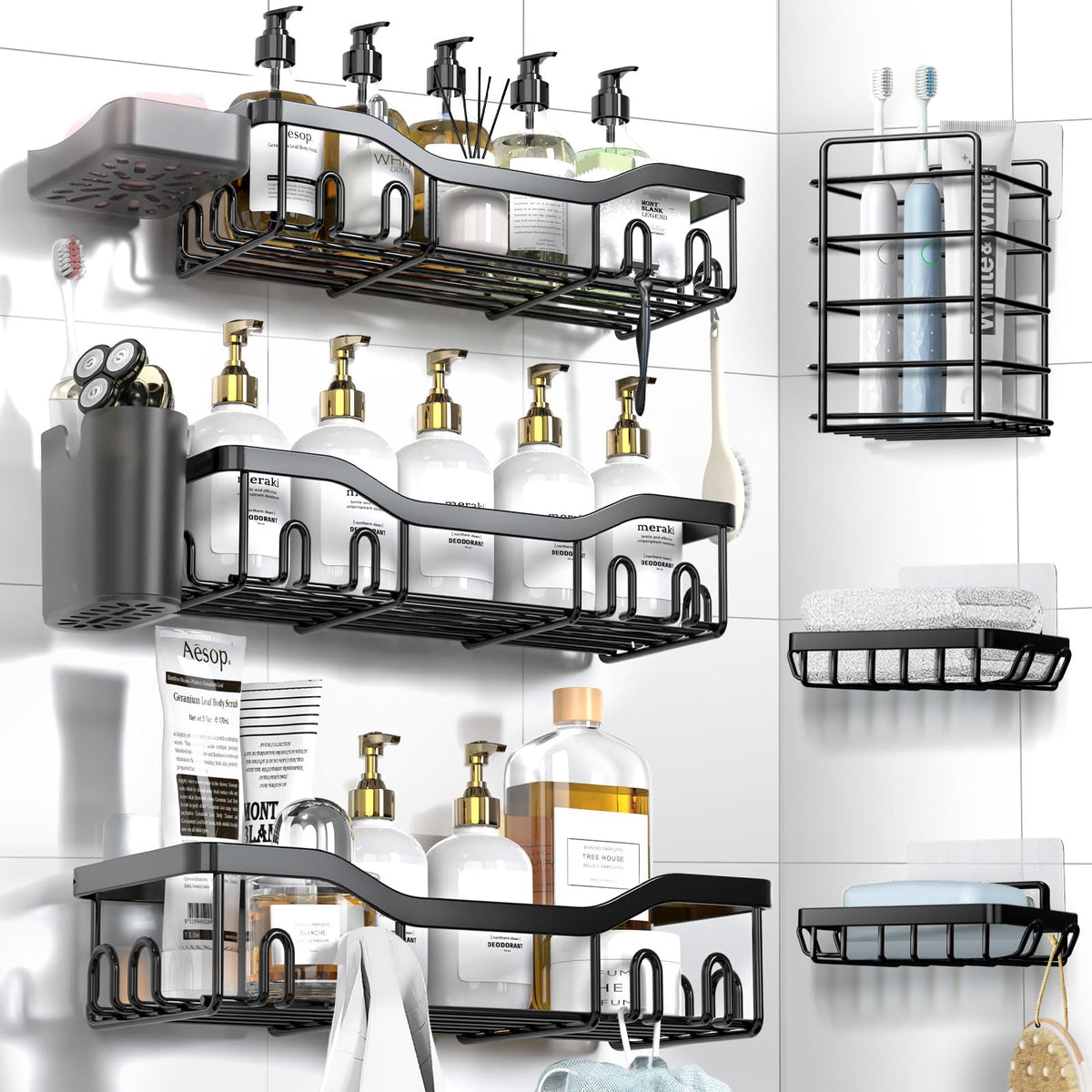 7-Pack Adhesive Stainless Steel Shower Caddy Organizer