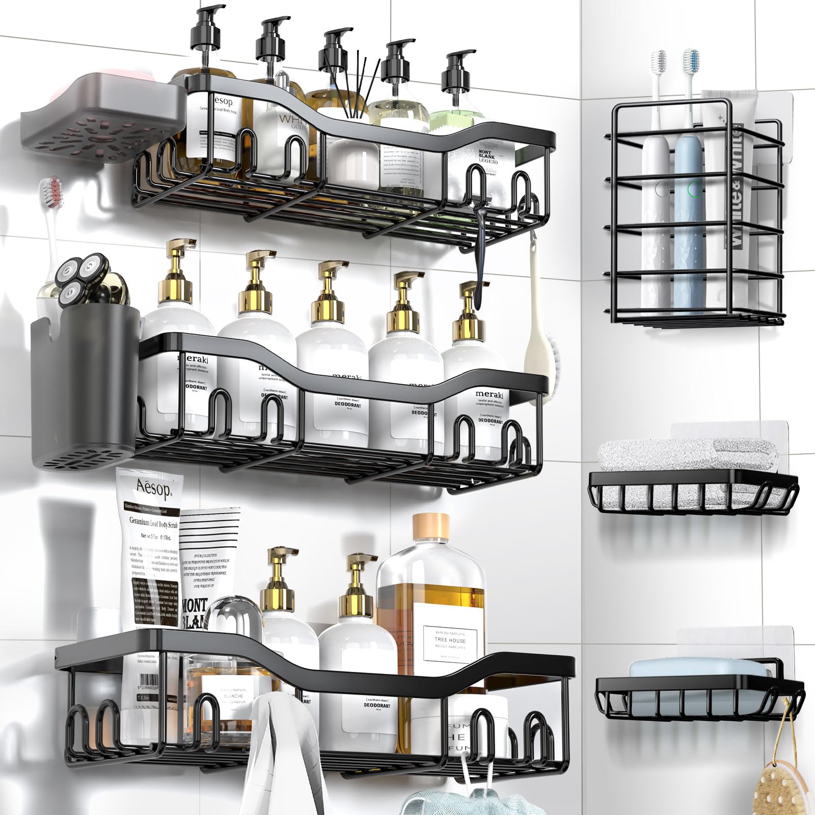 NESOMI 7-Pack Shower Caddy Adhesive,Stainless Steel Shower Organizer Shelf