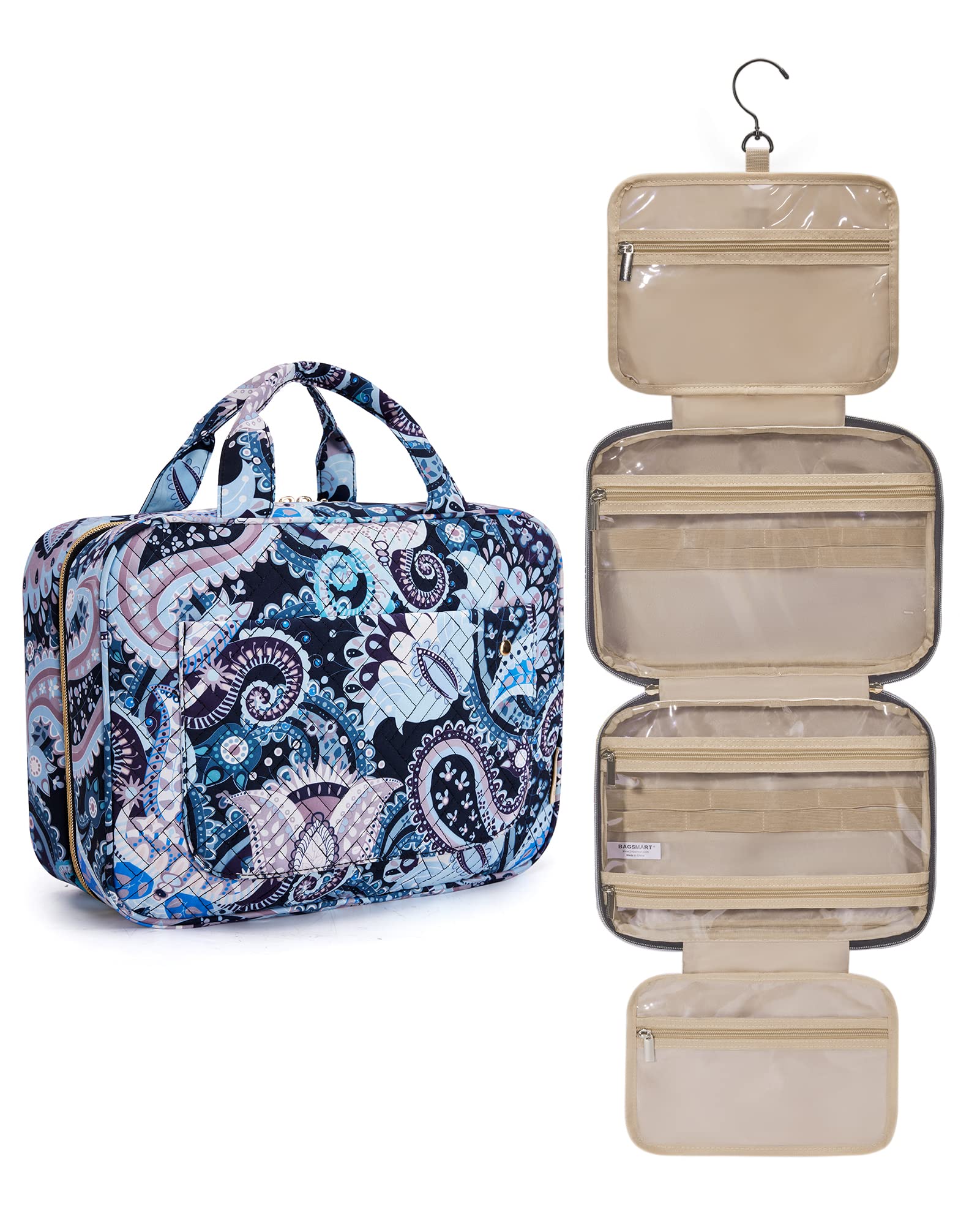 BAGSMART Toiletry Bag Travel Bag with Hanging Hook, Water-resistant Makeup Cosmetic Bag Travel Organizer for Accessories, Shampoo, Full-size Container, Toiletries