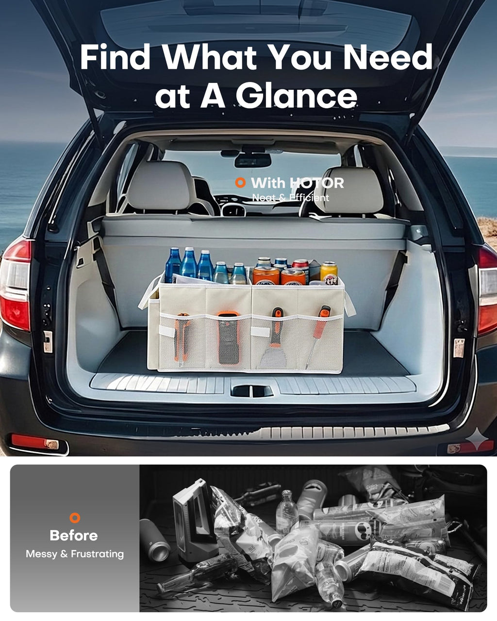 HOTOR Foldable Trunk Organizer - SUV & Sedan Compatible, Sturdy Car Organization for Accessories, Tools, Sundries