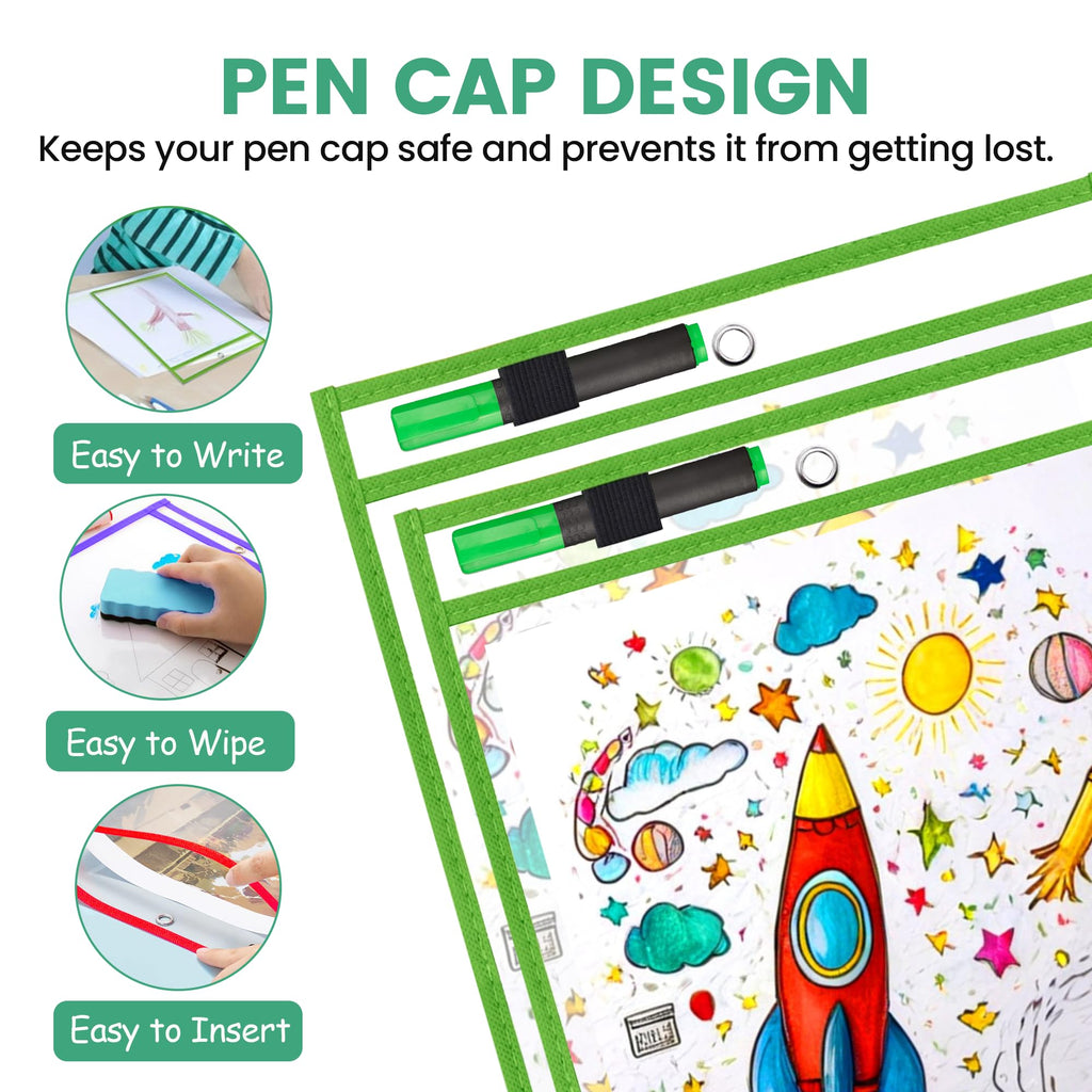 Job Ticket Holders | Reusable Dry Erase Pockets with Metal Rings & Hooks | Durable Clear Shop Sleeves for Work Order | Perfect for Classrooms