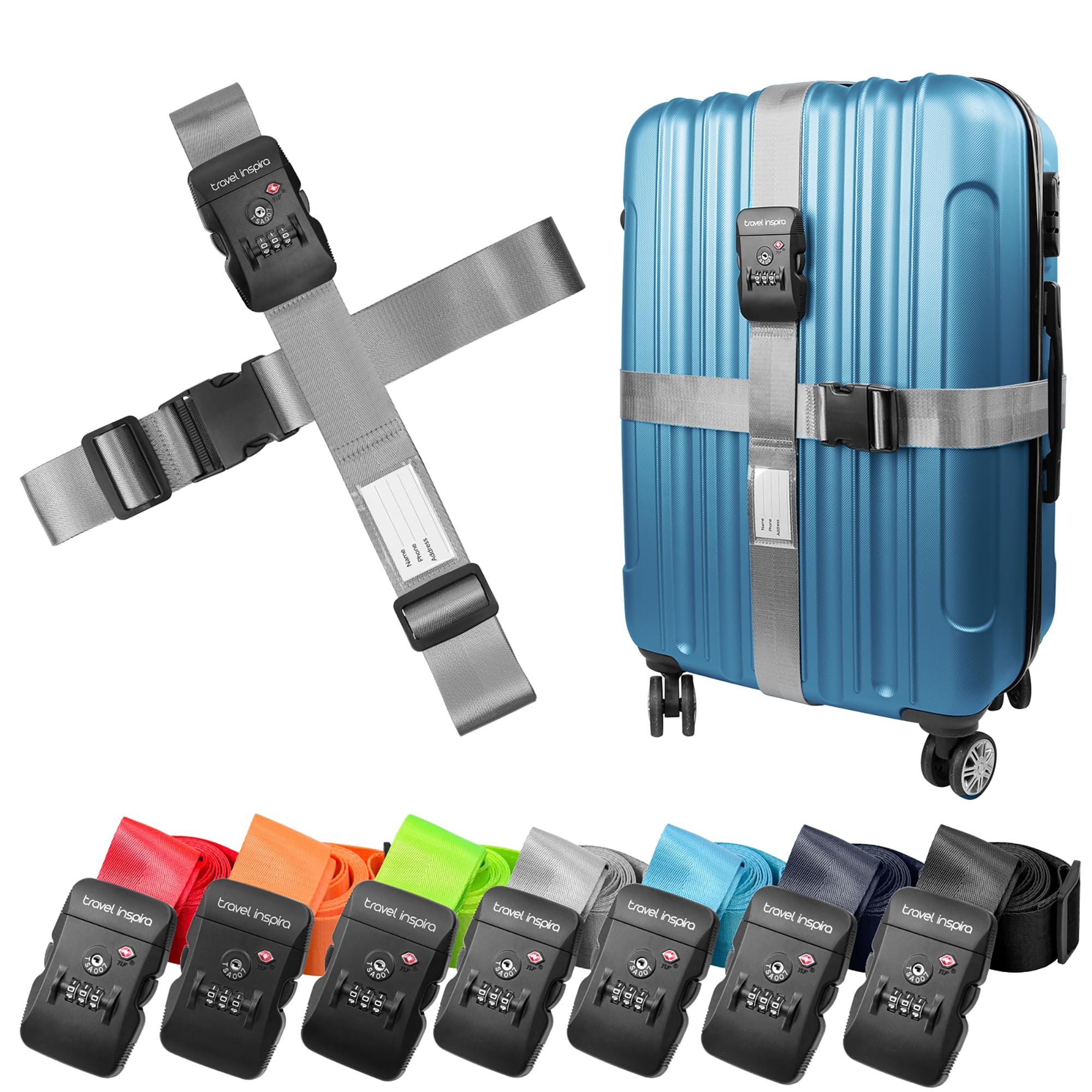 Luggage Straps - TSA Approved Travel Luggage for Suitcases, Adjustable Suitcase Belt Spot Luggage, Personalized Tags Name ID Card