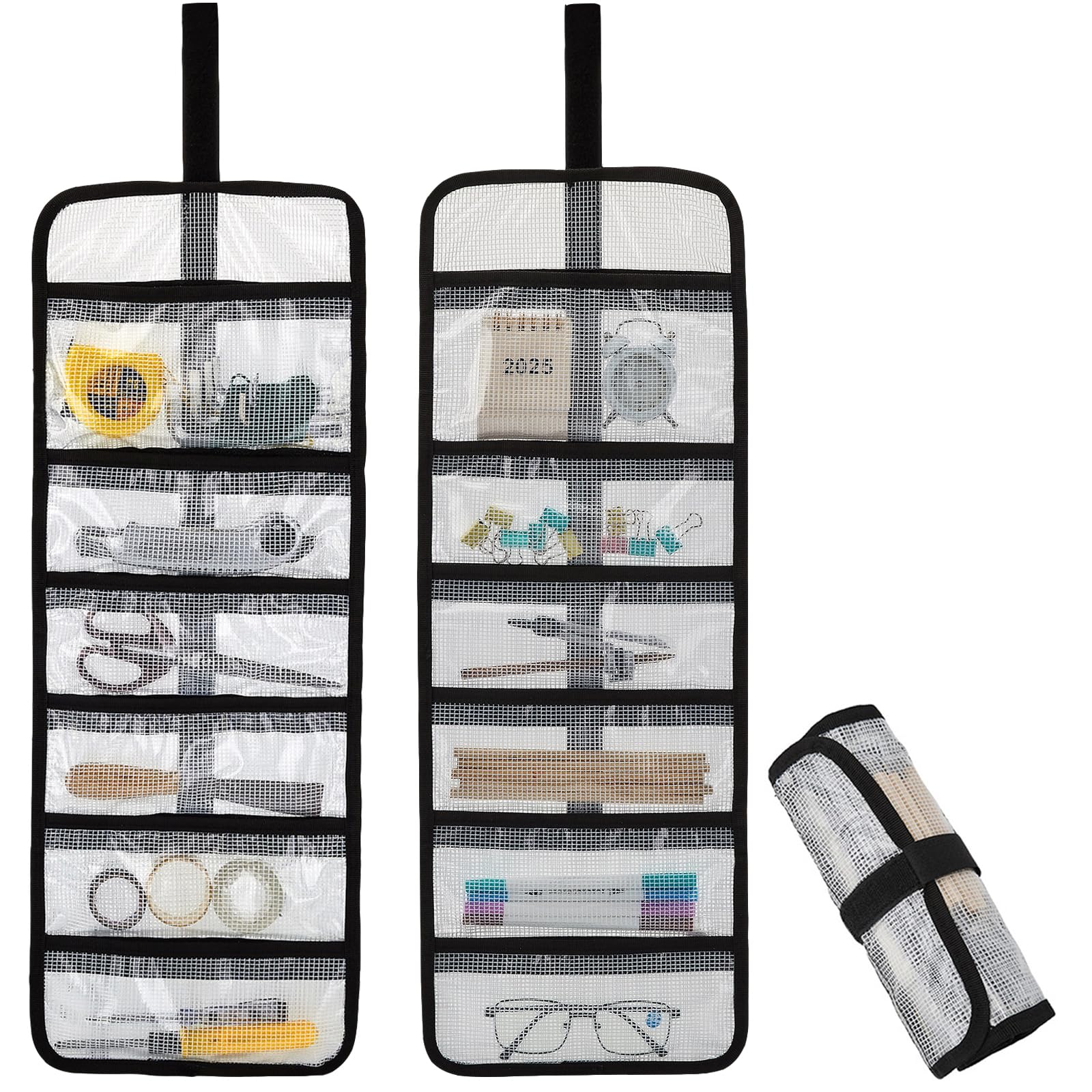 Small Roll Up Storage Bag, 6 Pockets Roll Up Tool Kit, Suitable for Mechanics, Kitchen Storage, Art Sketching, Travelling, Potter's Tools, Office Objects, Transparent and Visible, Space-saving