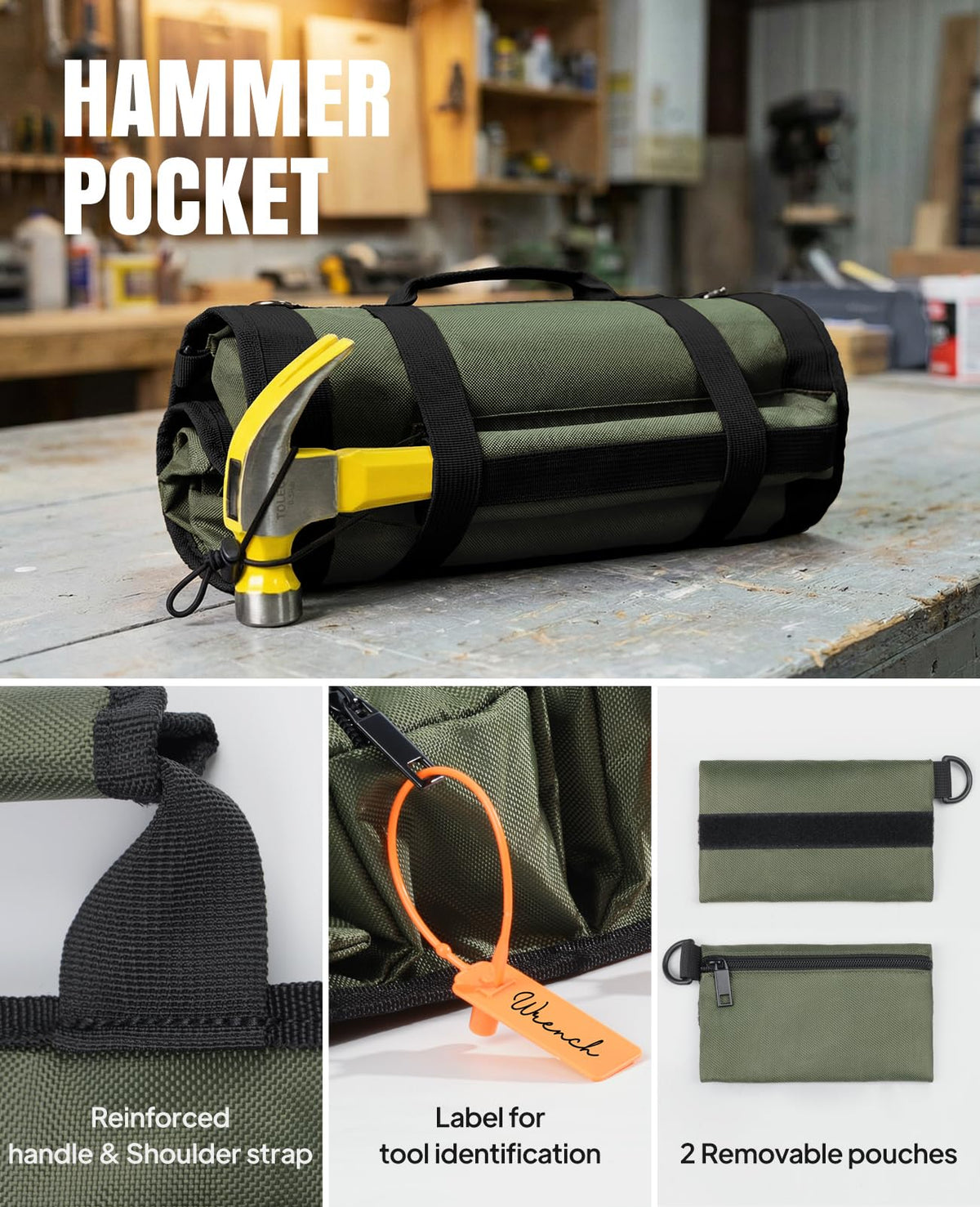 Tool Roll Up Bag, 1680D Heavy Duty Tool Bag Organizer with 2 Detachable Tool Pouches & Multiple Pockets, Waterproof Motorcycle Tool Roll for Mechanic & Electrician, Gift for Men Him Dad, 21.9"*13.8"