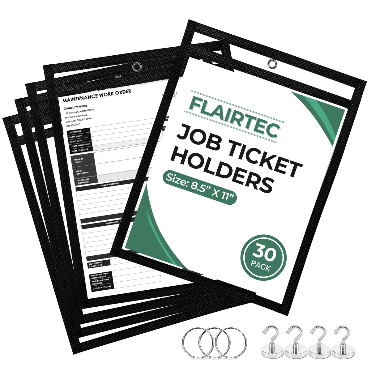 Job Ticket Holders | Reusable Dry Erase Pockets with Metal Rings & Hooks | Durable Clear Shop Sleeves for Work Order | Perfect for Classrooms