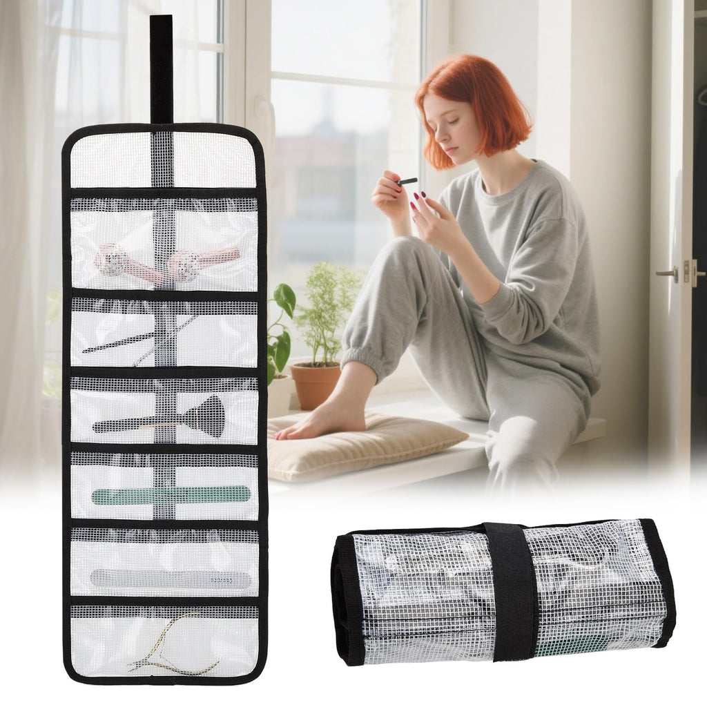 Small Roll Up Storage Bag, 6 Pockets Roll Up Tool Kit, Suitable for Mechanics, Kitchen Storage, Art Sketching, Travelling, Potter's Tools, Office Objects, Transparent and Visible, Space-saving