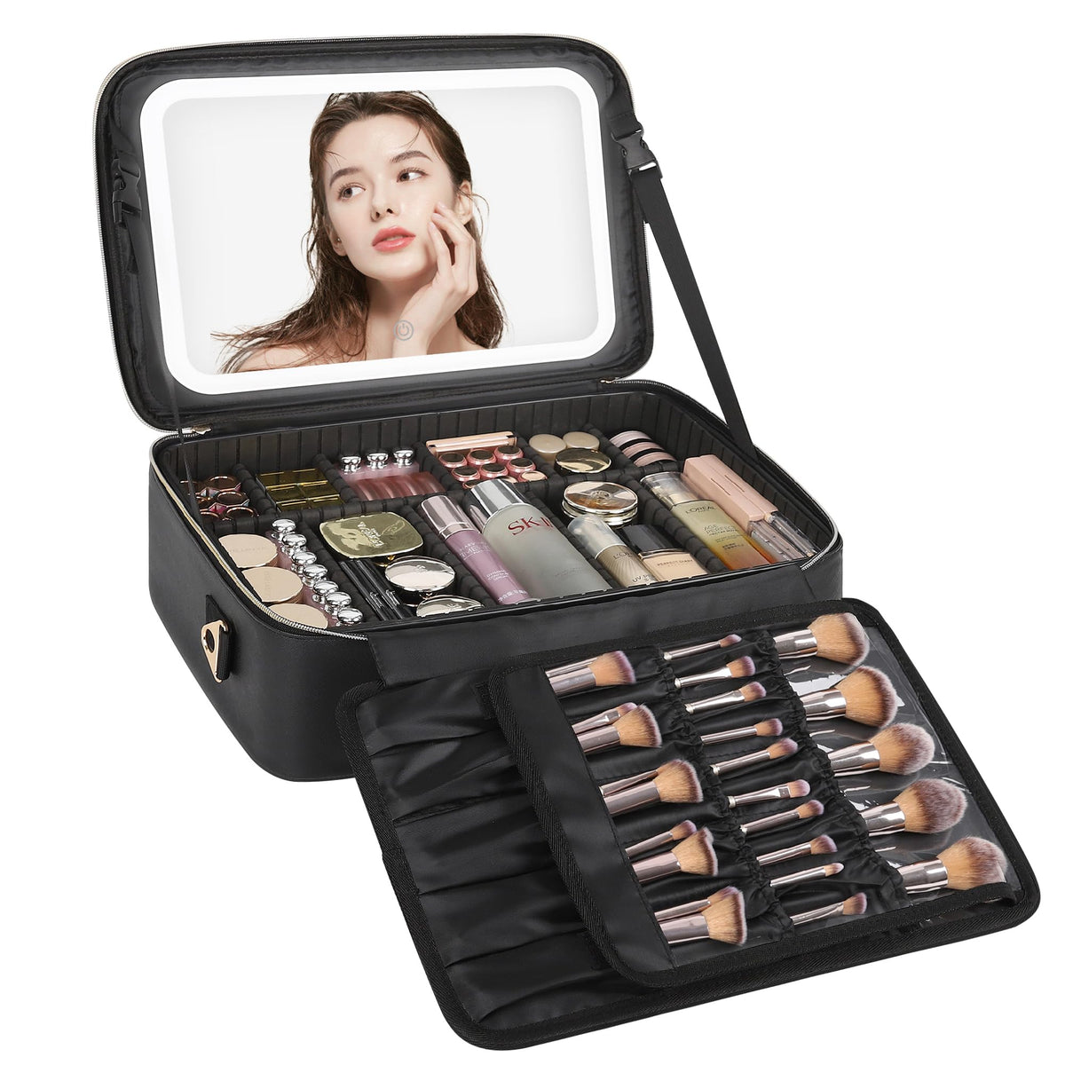 LED Mirror Makeup Travel Case with Adjustable Dividers
