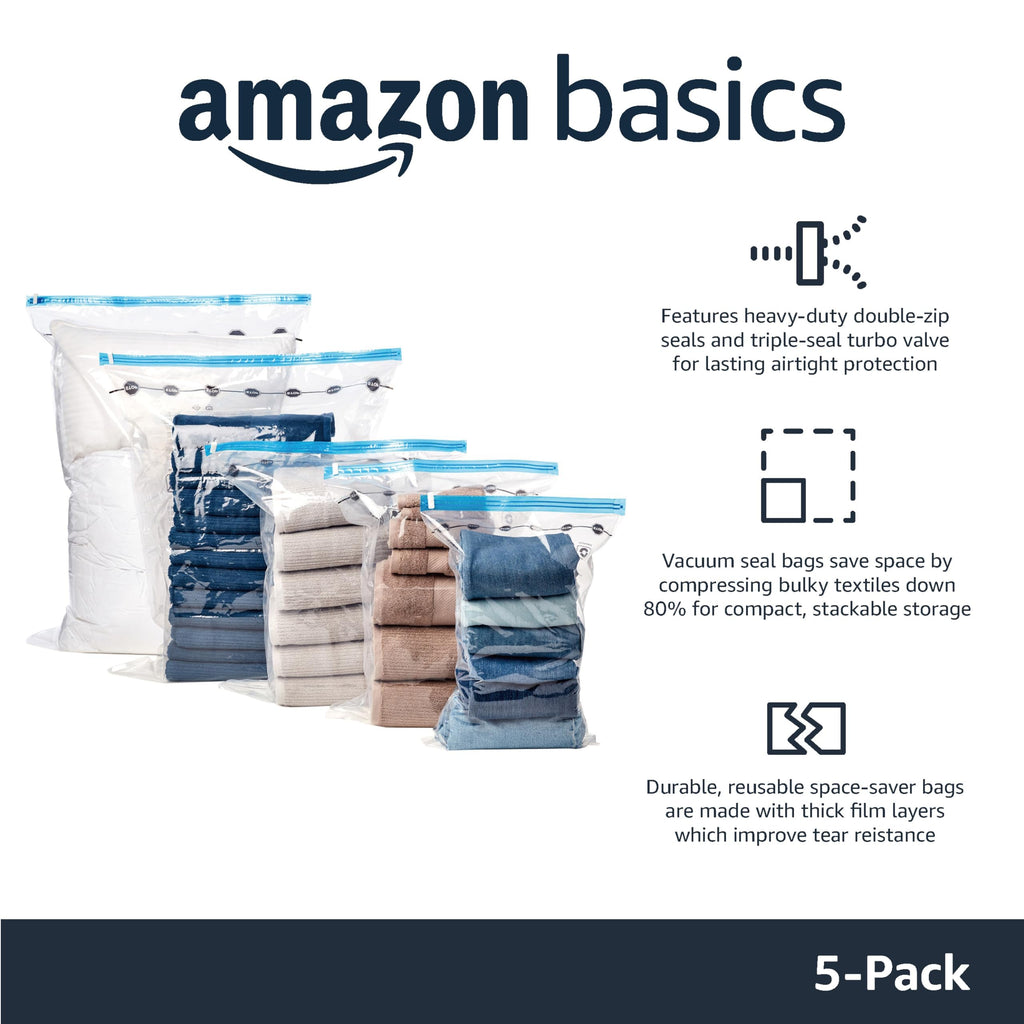 Amazon Basics Vacuum Storage Bags, Compression Space Saving for Clothes and Linens, Reusable with Hand Pump, Large, Clear, 5-Pack