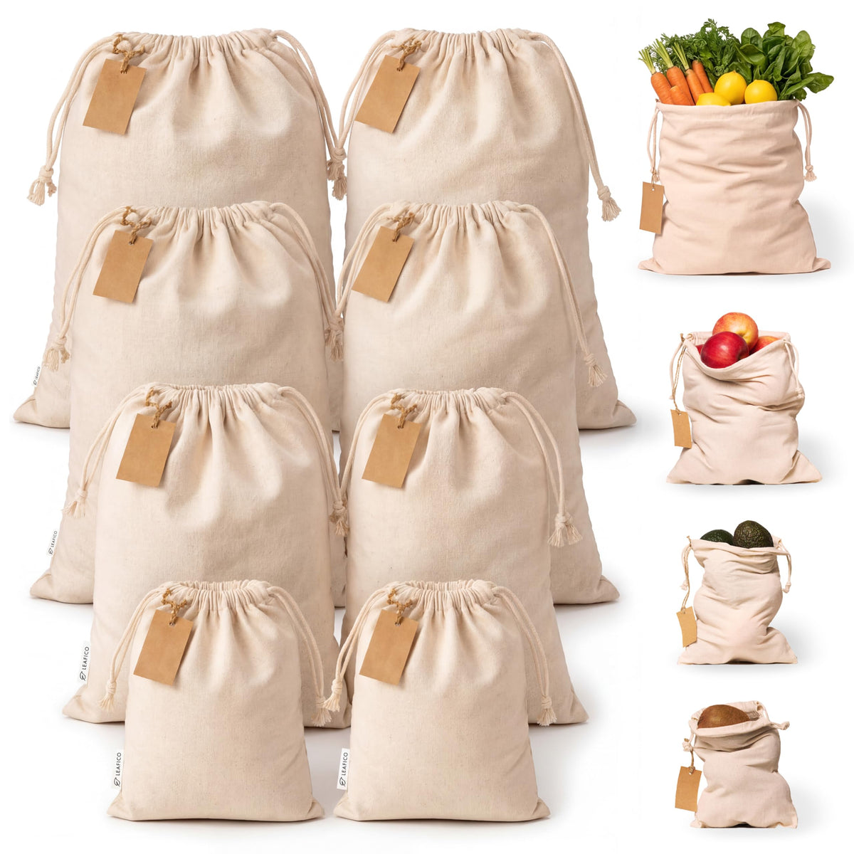 LEAFICO Reusable Produce Bags - Cloth Bags with Drawstrings Muslin Fabric Bag