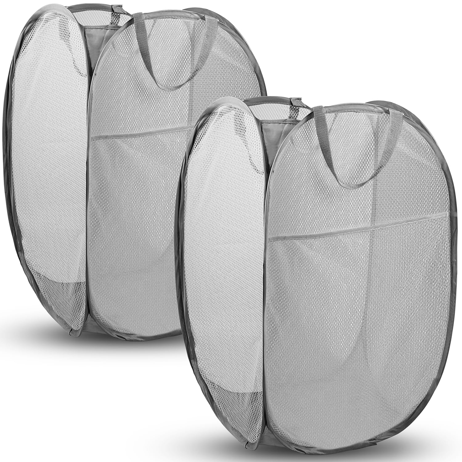 Pop Up Laundry Hamper, 70 L Collapsible Mesh Basket with Side Pocket, Large