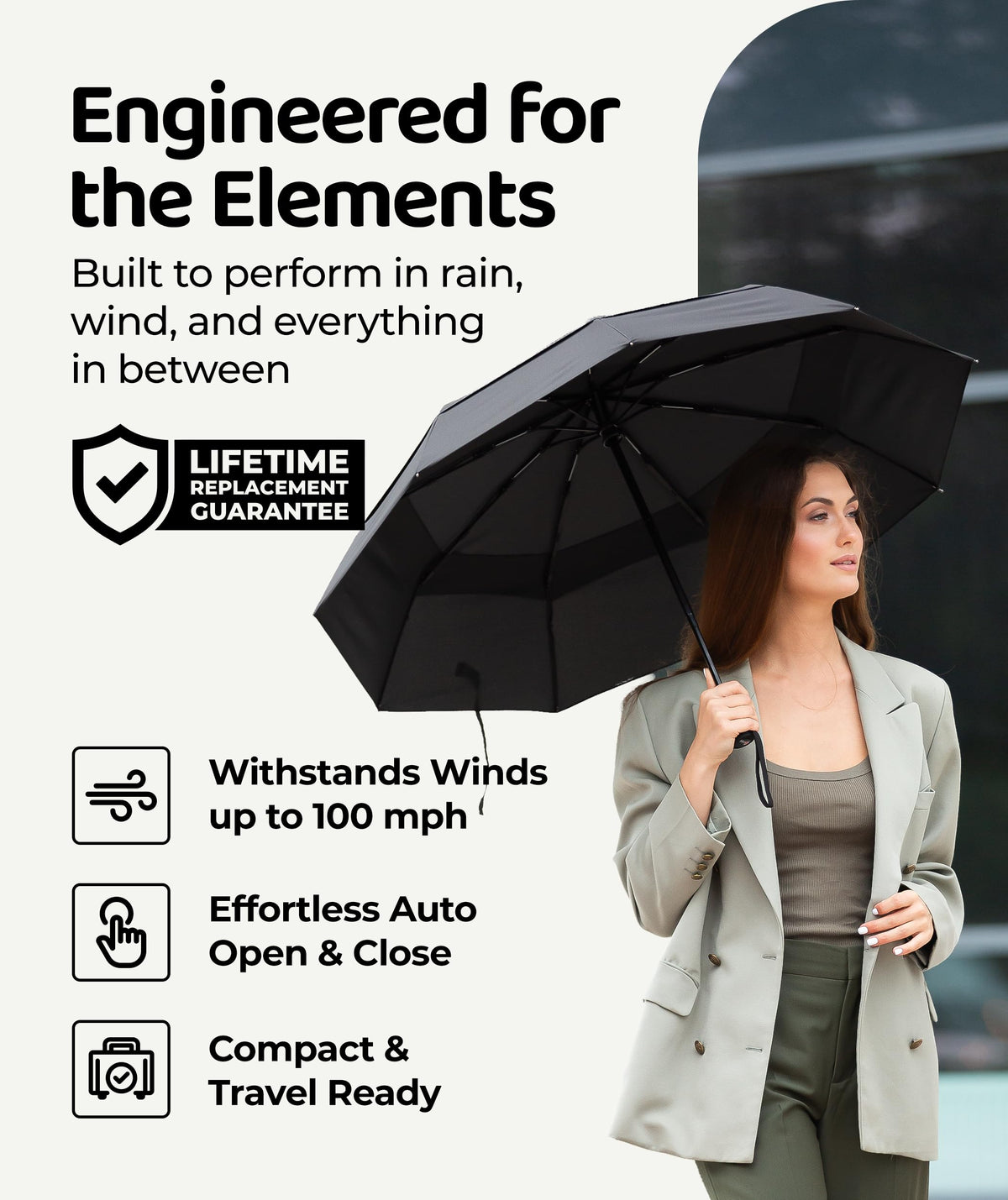 Windproof Travel Umbrella - Compact & Withstands Winds up to 100MPH, Strongest Premium Auto Folding Umbrella for Rain and Sun - Durable, Light & Portable for Women & Men, Fits Backpack & Cars