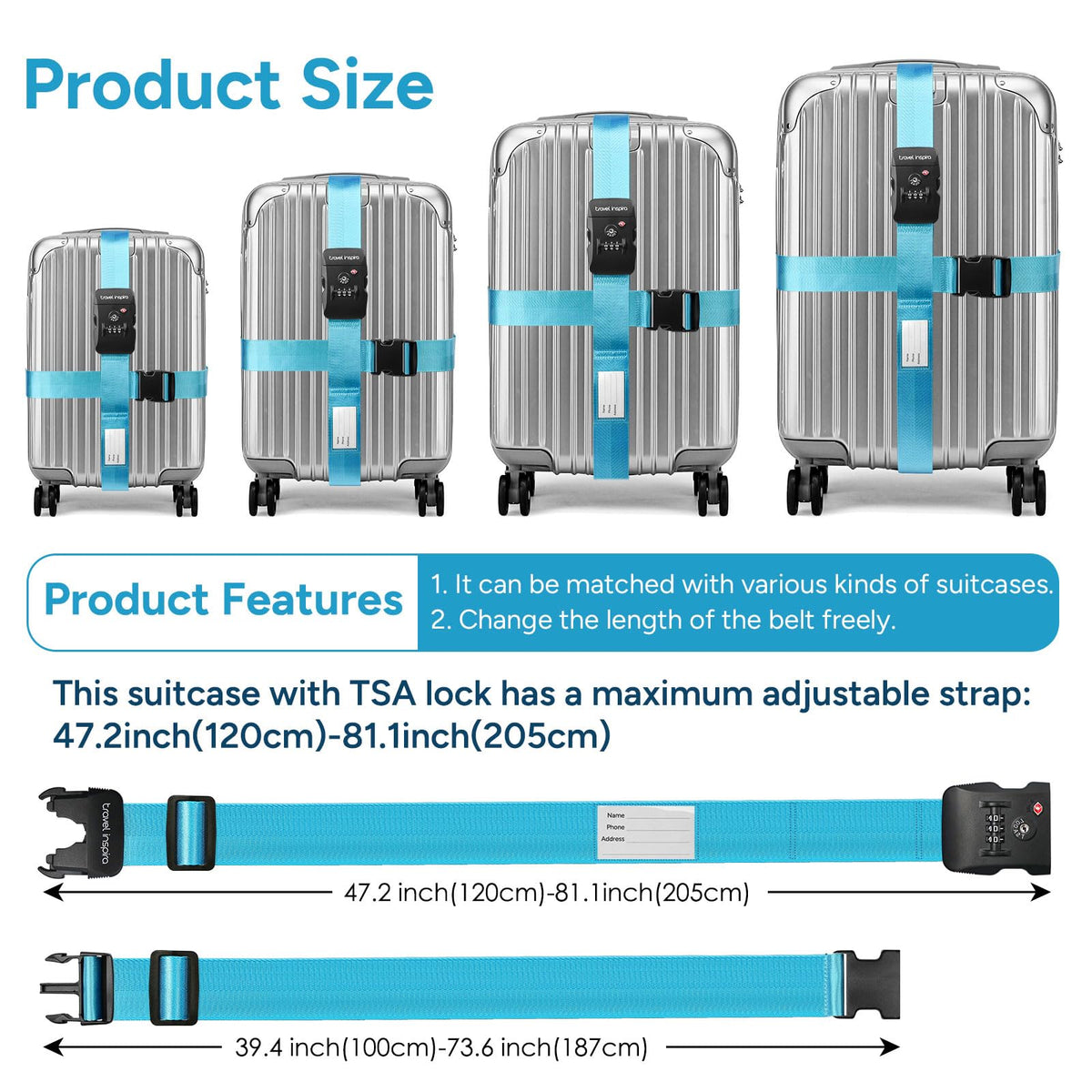 Luggage Straps - TSA Approved Travel Luggage for Suitcases, Adjustable Suitcase Belt Spot Luggage, Personalized Tags Name ID Card