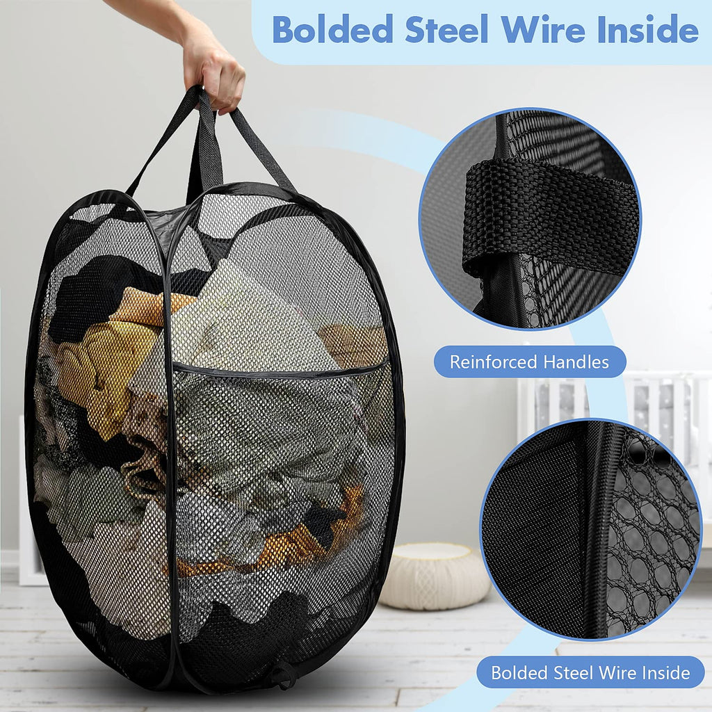 Pop Up Laundry Hamper, 70 L Collapsible Mesh Basket with Side Pocket, Large