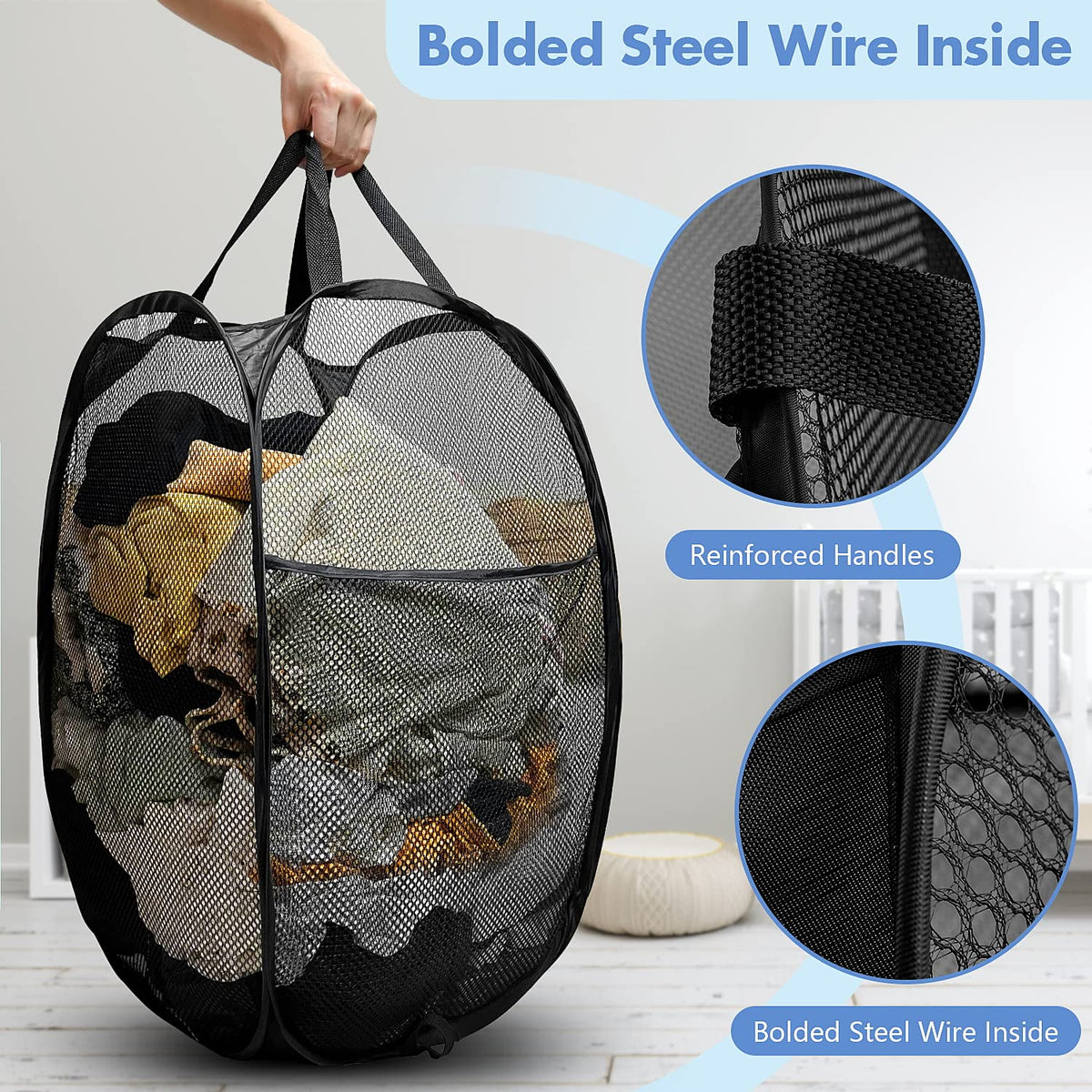 Pop Up Laundry Hamper, 70 L Collapsible Mesh Basket with Side Pocket, Large
