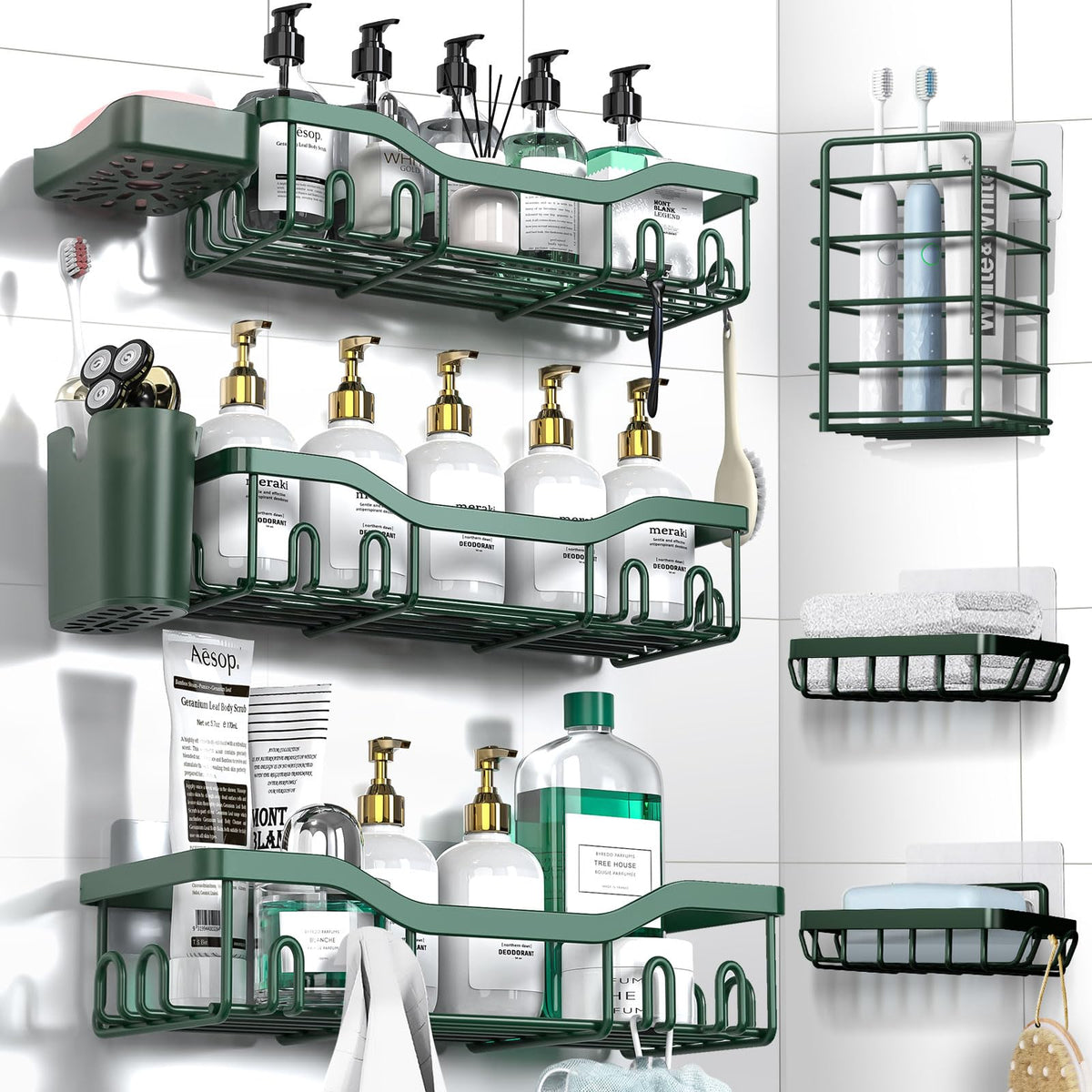 NESOMI 7-Pack Shower Caddy Adhesive,Stainless Steel Shower Organizer Shelf