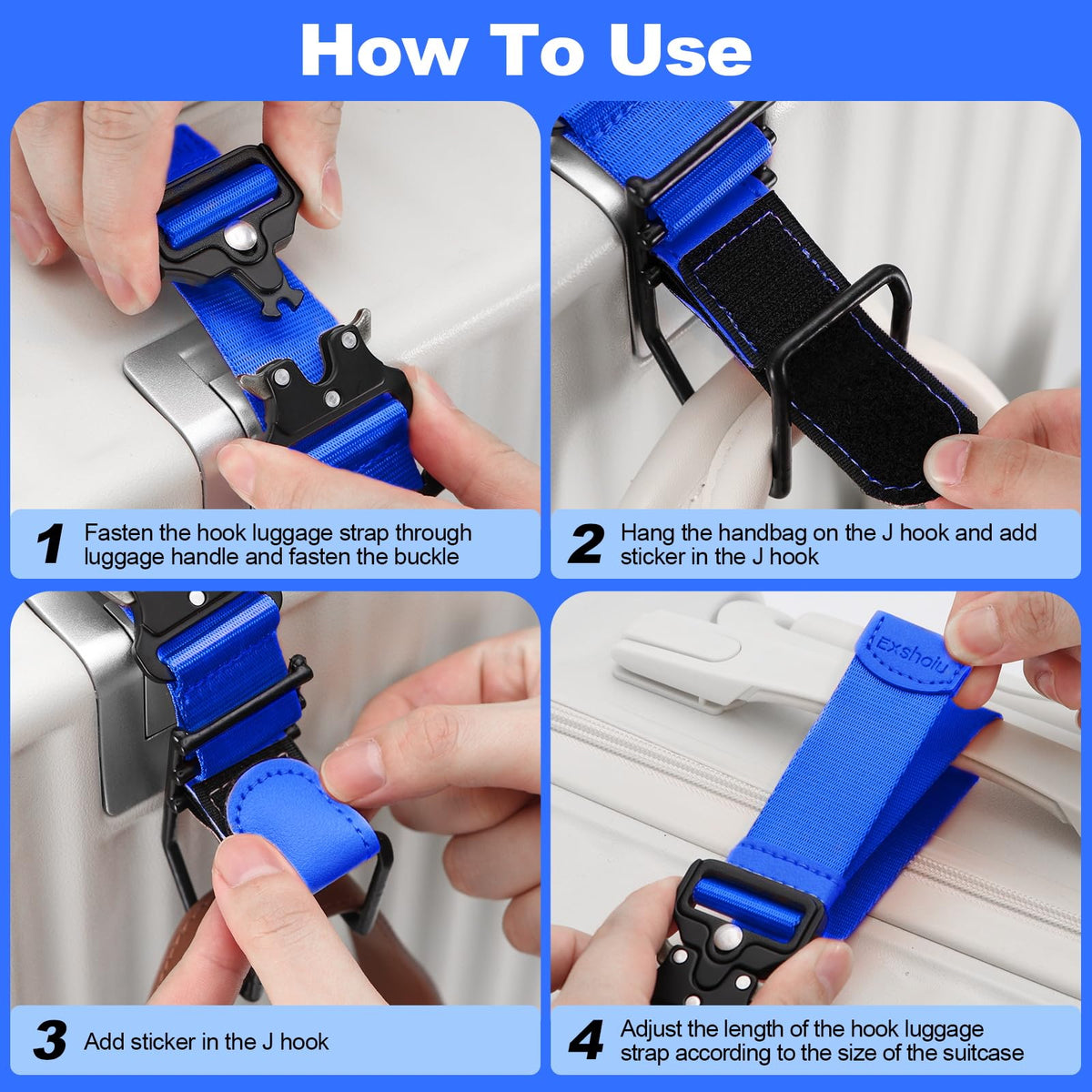 Exshoiu Luggage Hook Strap, J Hook Luggage Strap Flight Attendant with Hands Free, Adjustable Travel Luggage Straps for Add a Bag Hook