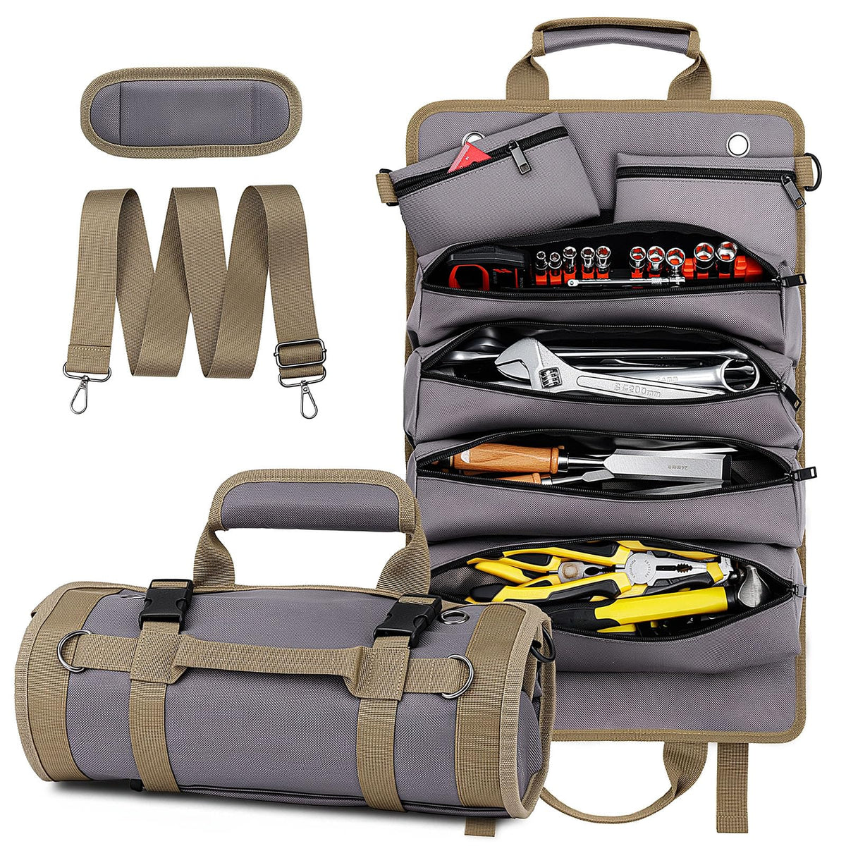 Tool Roll Up Bag, 1680D Heavy Duty Tool Bag Organizer with 2 Detachable Tool Pouches & Multiple Pockets, Waterproof Motorcycle Tool Roll for Mechanic & Electrician, Gift for Men Him Dad, 21.9"*13.8"